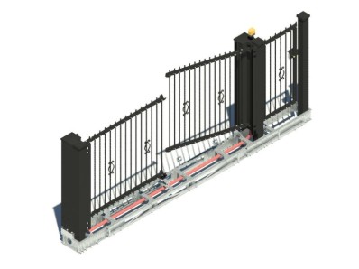 disegni 3D cancello alzata "THE KINDLY GATE" soluzione ELCEN-BLOK con cancello pedonale - mod. "bari po" nero 2 ante THE KINDLY GATE SOLUZIONE ELCEN-BLOK DUE ANTE CON CANCELETTO MODELLI 3D